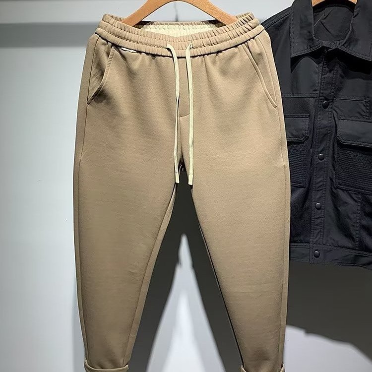 Winter elastic waist tied woolen small suit pants for men thickened and warm straight tube loose and casual drooping pants