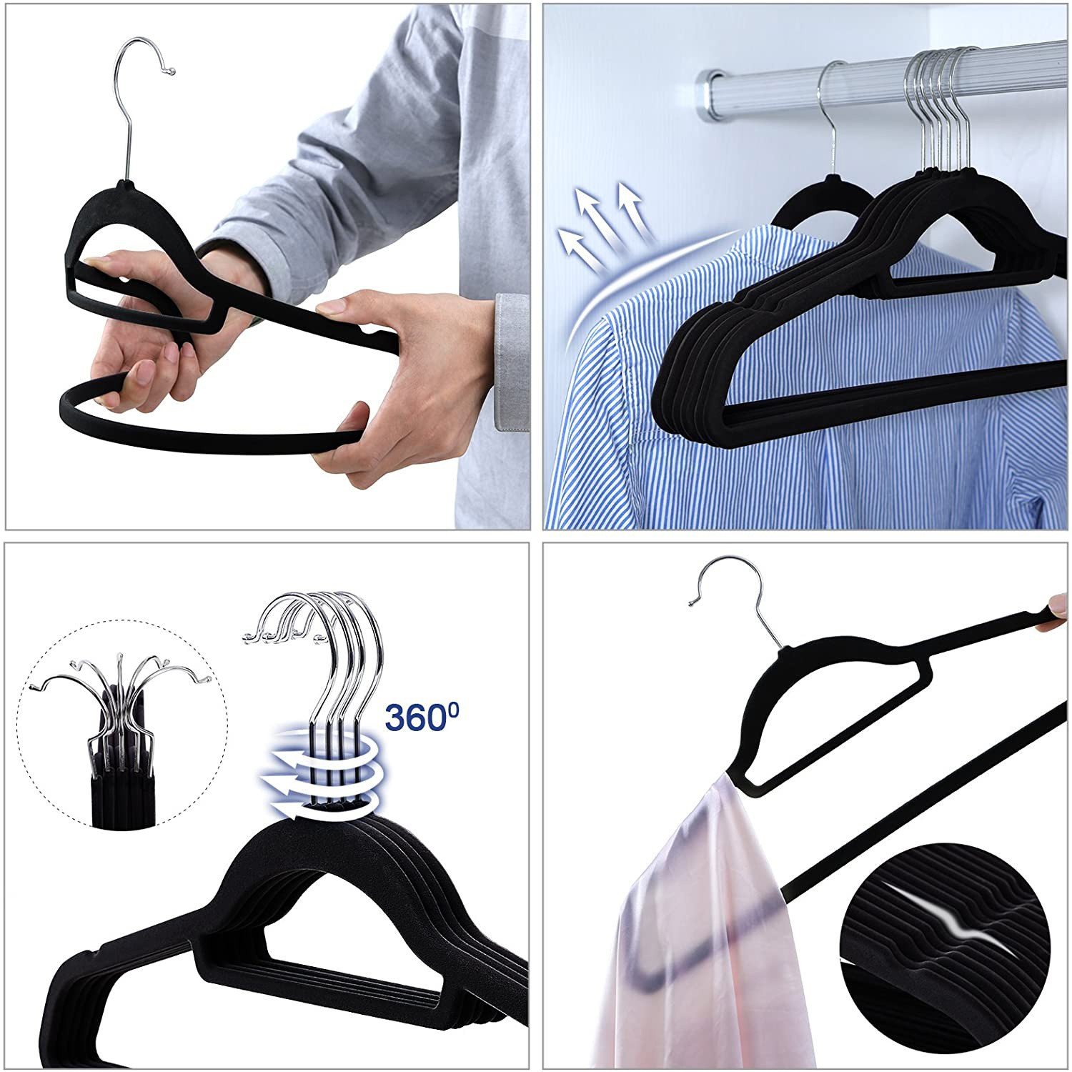 Wholesale 50 Pack Customized Cloth Hanger Black Grey Velvet Coat Hangers Clothes Iron Fabric Double Single Tiers Wardrobe Use