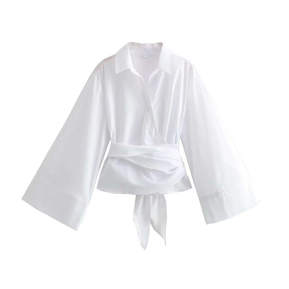 Women's Long Sleeve Kimono Blouses Front Button Female Shirts With Bow Tie