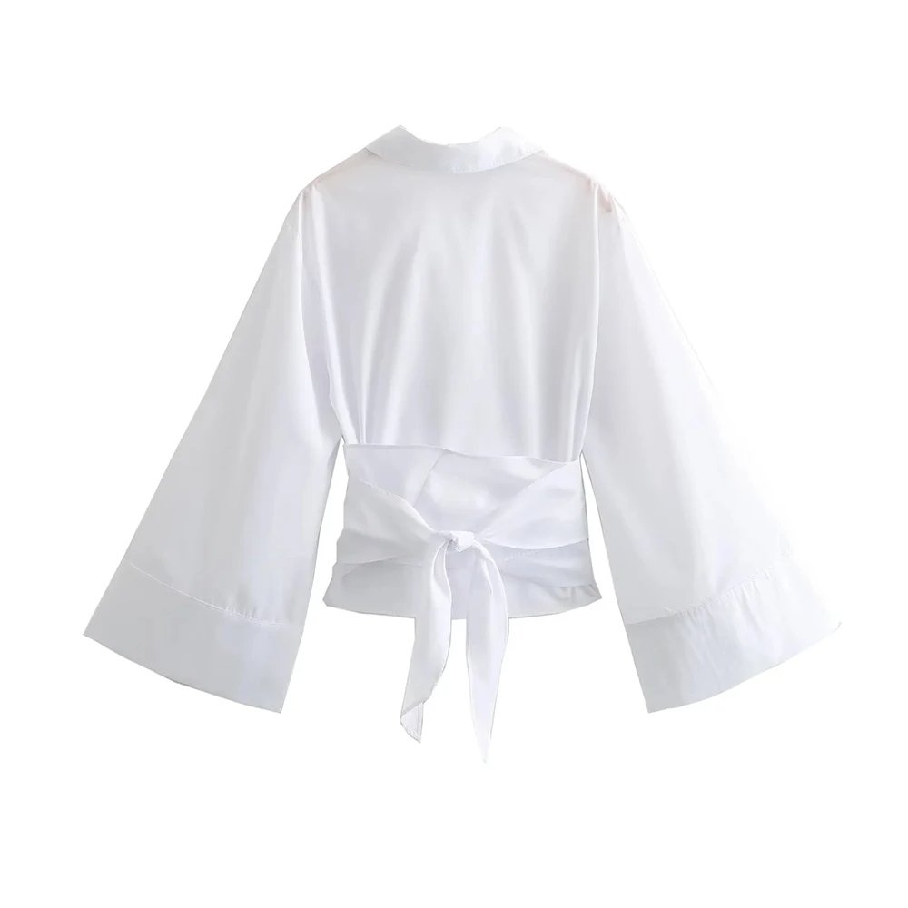 Women's Long Sleeve Kimono Blouses Front Button Female Shirts With Bow Tie