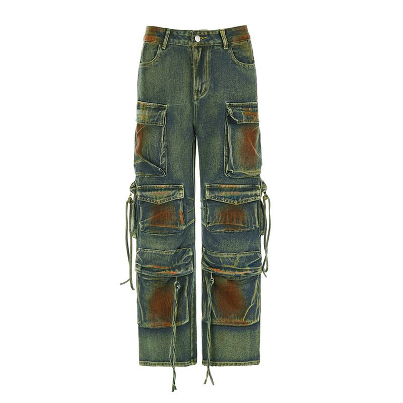 New Trendy Women Jeans Big Pocket Workout Denim Overalls Straight Leg Pants Ladies Casual Tie Dye Denim Cargo Jeans Pants Women