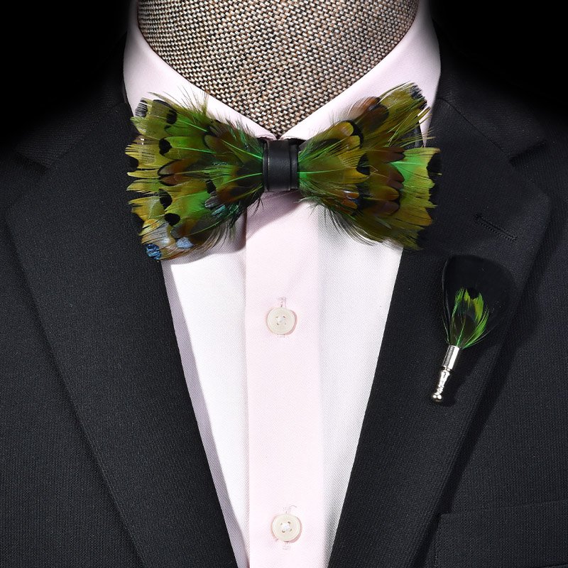 Newest Design Business Men Natural Feather Pre Bow Tie and Brooch Pin for Men