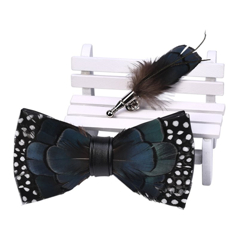 Newest Design Business Men Natural Feather Pre Bow Tie and Brooch Pin for Men