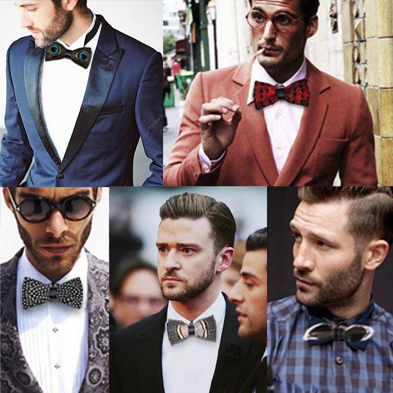 Newest Design Business Men Natural Feather Pre Bow Tie and Brooch Pin for Men