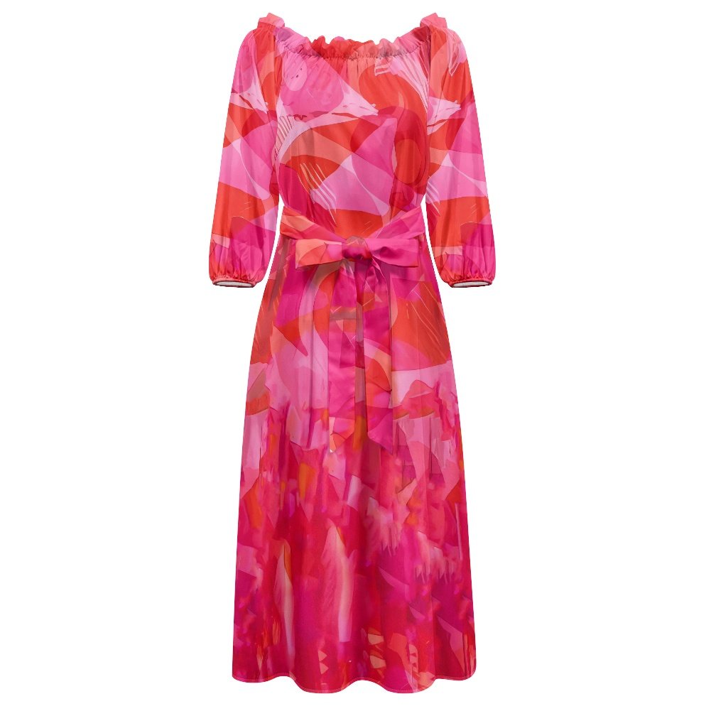 High Quality Elegant Purple Party Dress Print Tie-dye Polynesian Tribal Pattern Women's One-shoulder Long-sleeved Dress