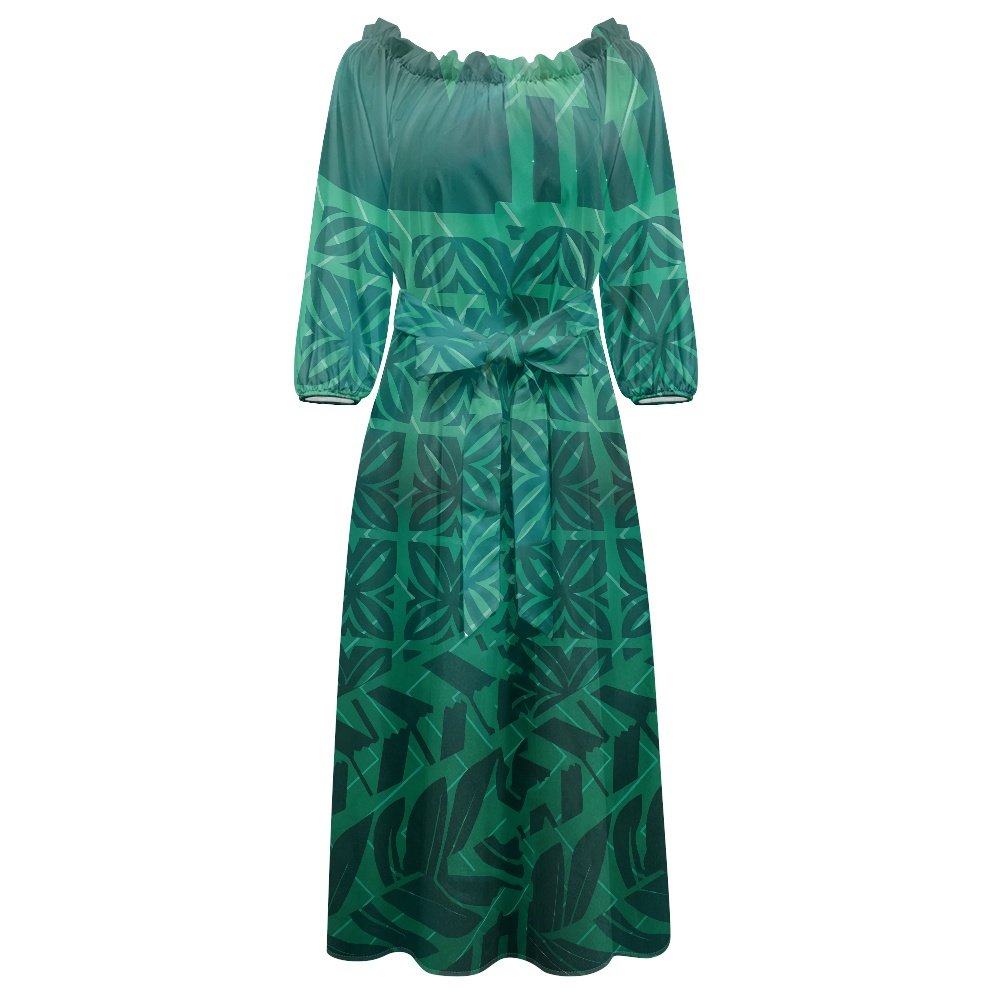 High Quality Elegant Purple Party Dress Print Tie-dye Polynesian Tribal Pattern Women's One-shoulder Long-sleeved Dress