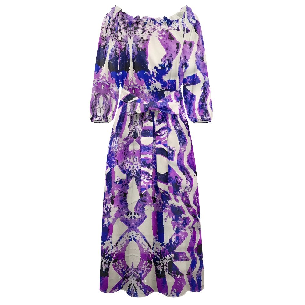 High Quality Elegant Purple Party Dress Print Tie-dye Polynesian Tribal Pattern Women's One-shoulder Long-sleeved Dress
