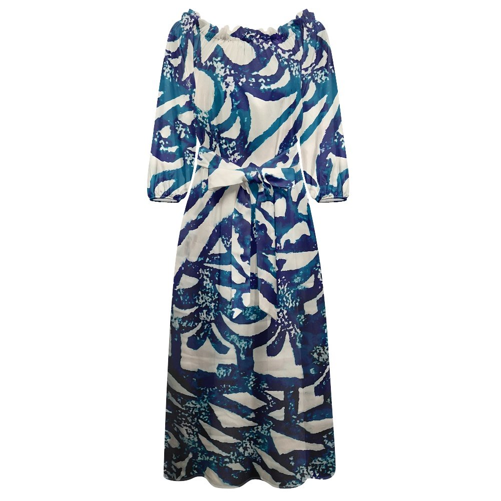 High Quality Elegant Purple Party Dress Print Tie-dye Polynesian Tribal Pattern Women's One-shoulder Long-sleeved Dress