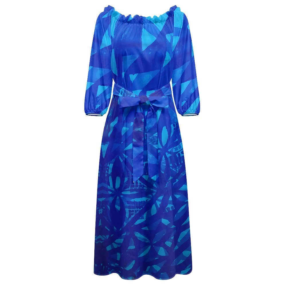 High Quality Elegant Purple Party Dress Print Tie-dye Polynesian Tribal Pattern Women's One-shoulder Long-sleeved Dress