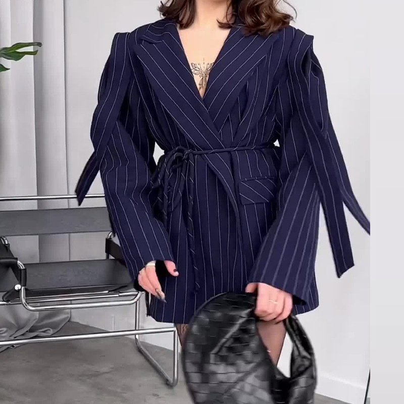 OUDINA Autumn New Irregular Elegant Stripes Loose Tie Suit Ladies Suits Blazers Women's Jacket