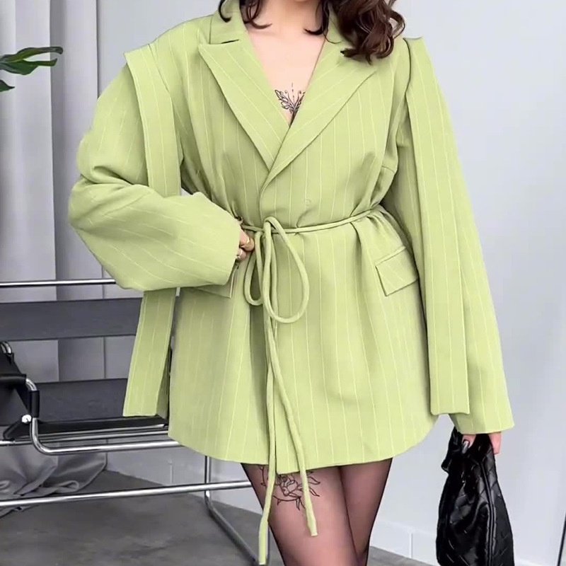 OUDINA Autumn New Irregular Elegant Stripes Loose Tie Suit Ladies Suits Blazers Women's Jacket
