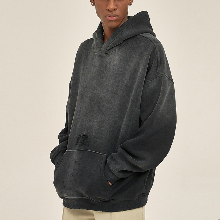 Streetwear Fashion Black Blank Ripped Vintage Monkey Washed Sun Faded Acid Wash Distressed Oversize Hoodies For Men