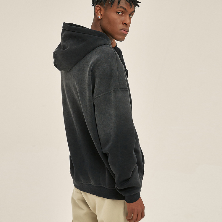 Streetwear Fashion Black Blank Ripped Vintage Monkey Washed Sun Faded Acid Wash Distressed Oversize Hoodies For Men