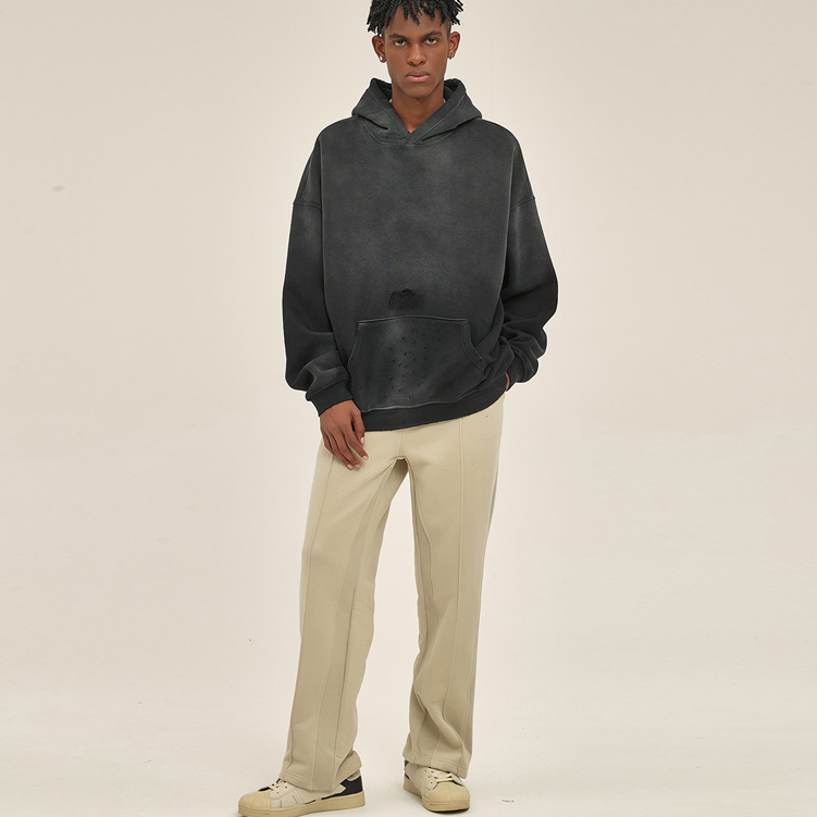 Streetwear Fashion Black Blank Ripped Vintage Monkey Washed Sun Faded Acid Wash Distressed Oversize Hoodies For Men