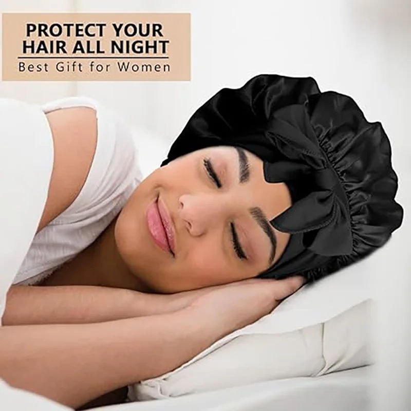 Adjustable Night Sleep Cap for Women Women Satin Solid Sleeping Hat Shower Caps Waterproof Solid Sleeping Hair Bonnets Cap