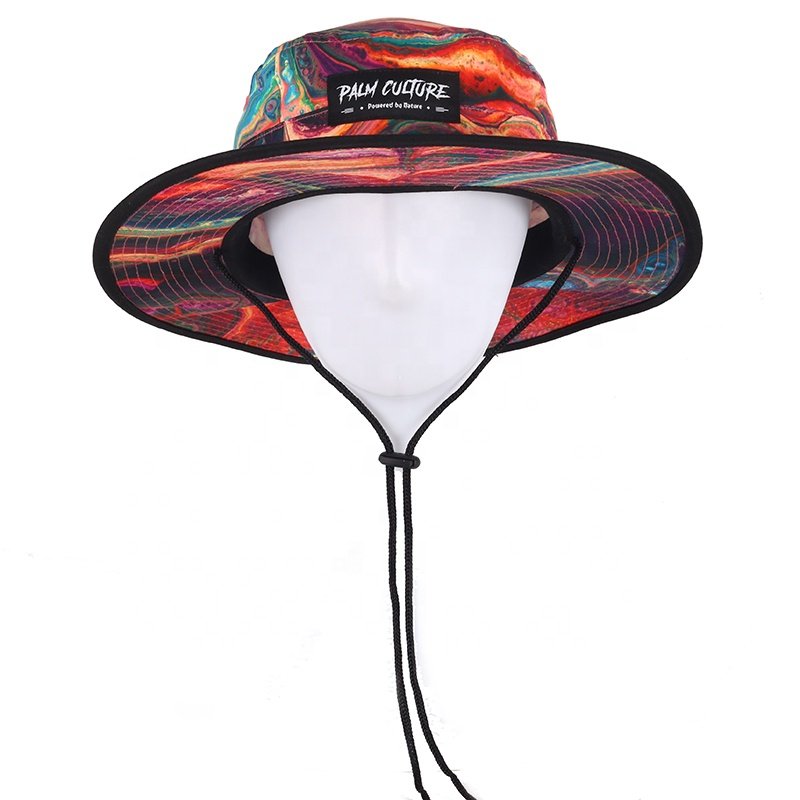 High Quality Outdoor Hiking Wide Bim Boonie Fishing Hat Fisherman Cap Custom All Over Print Bucket Hat with String