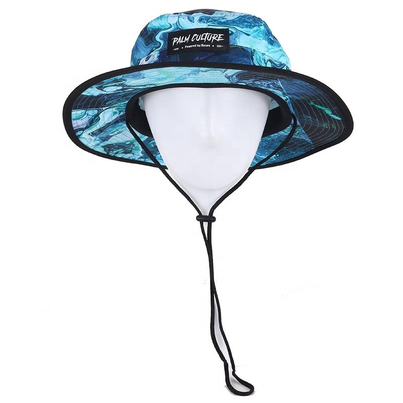 High Quality Outdoor Hiking Wide Bim Boonie Fishing Hat Fisherman Cap Custom All Over Print Bucket Hat with String