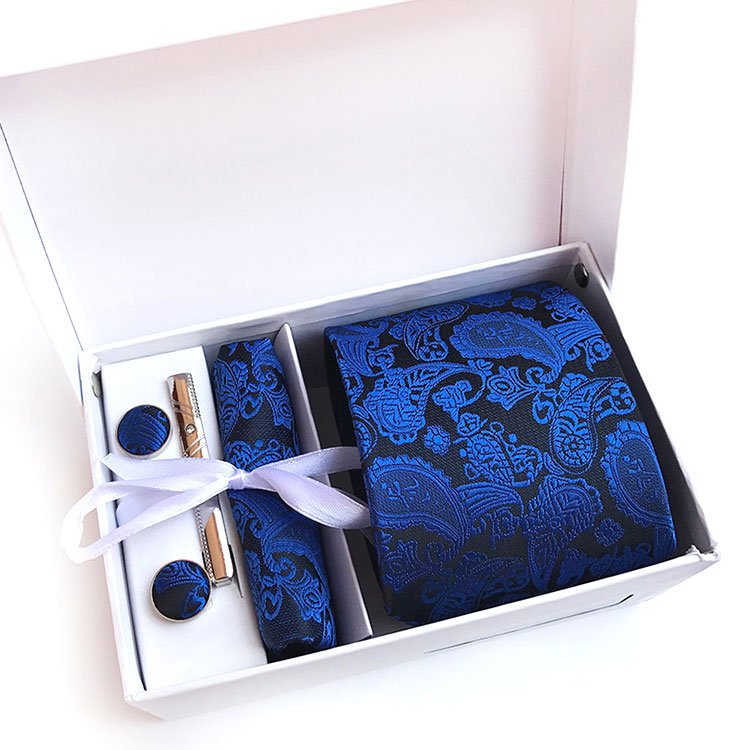 Gift Box High Fashion Premium Cufflinks Pocket Square Jacquard Paisley Tie Set For Men