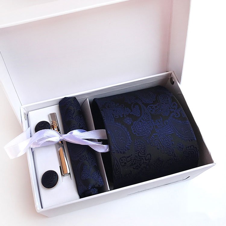Gift Box High Fashion Premium Cufflinks Pocket Square Jacquard Paisley Tie Set For Men