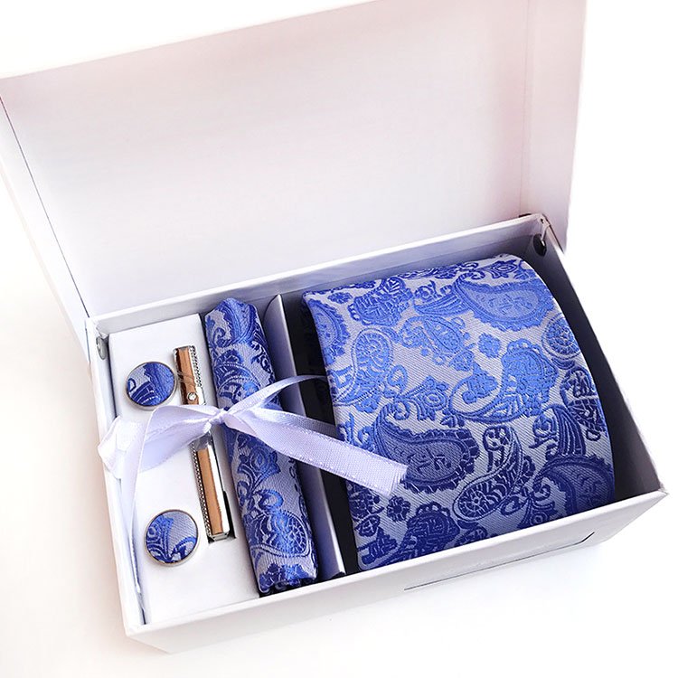 Gift Box High Fashion Premium Cufflinks Pocket Square Jacquard Paisley Tie Set For Men