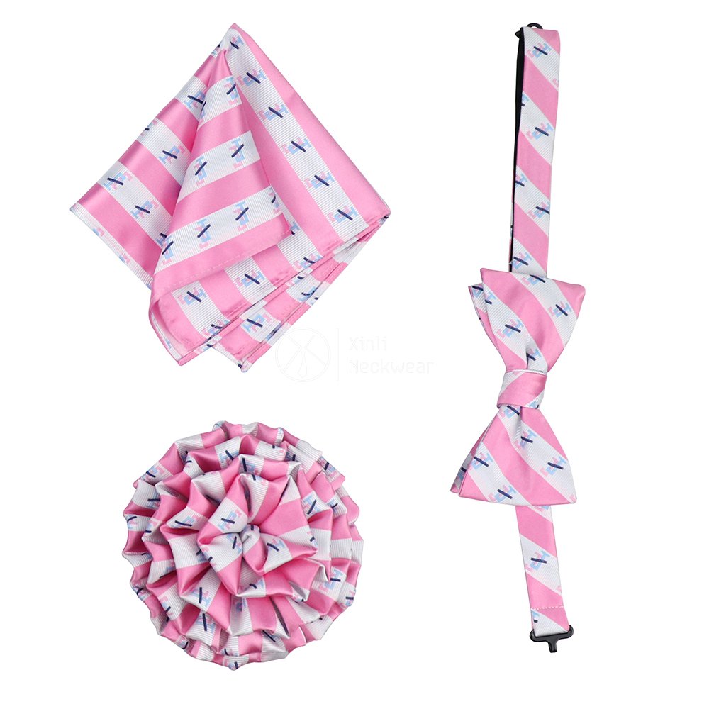 Pretty Male Female Polyester Striped Flower Brooch Bowtie and Pocket Square Custom Jack And Jill Logo Designs Pink Bow Tie Set
