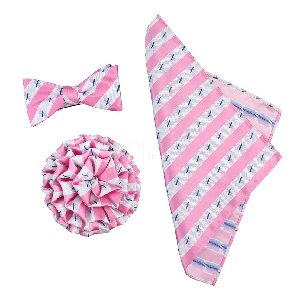 Pretty Male Female Polyester Striped Flower Brooch Bowtie and Pocket Square Custom Jack And Jill Logo Designs Pink Bow Tie Set