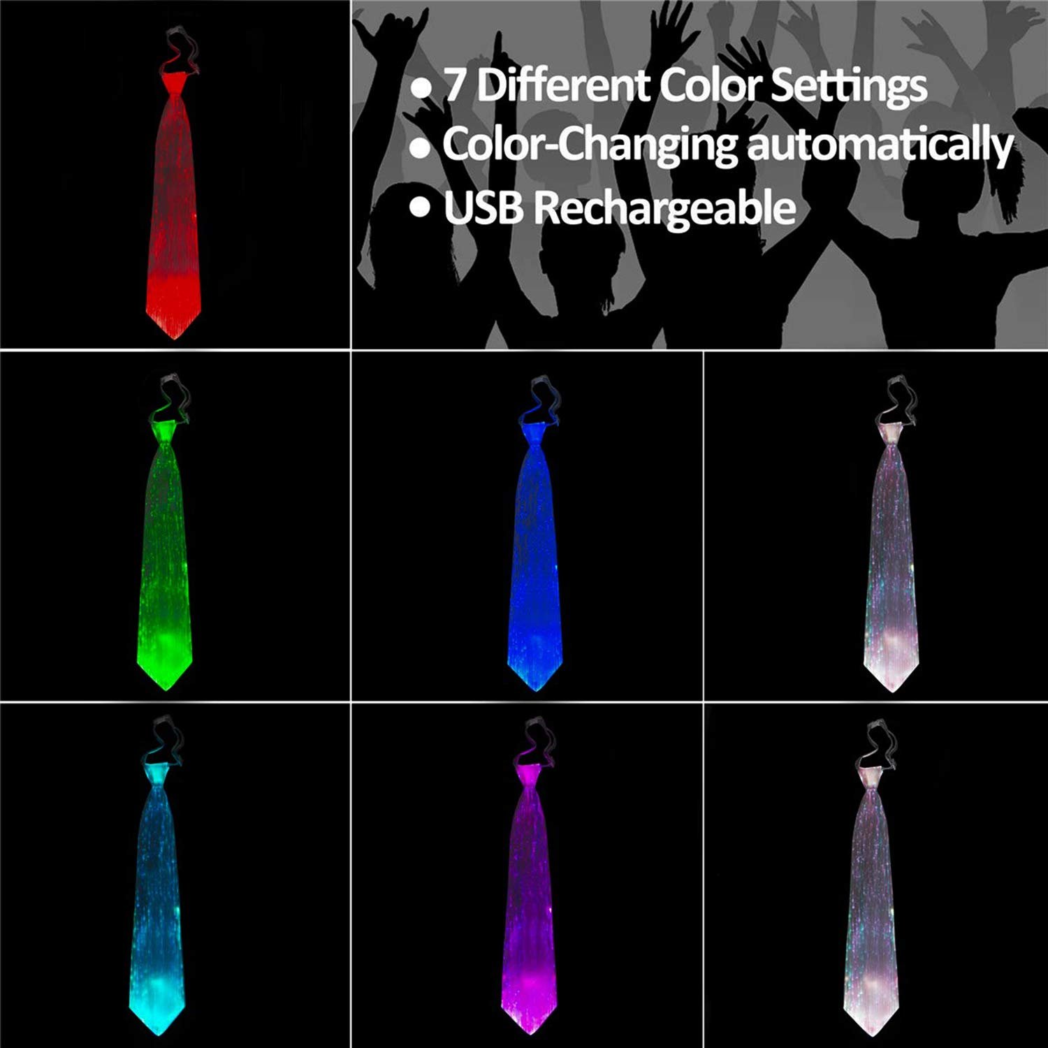 Flashing Festival Party Fashion Colorful Light Up Led Necktie USB Rechargeable Glow Necktie Fiber Optic Neck Tie