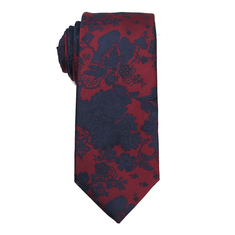 Custom high quality navy blue and wine red color mens tie stain resistance polyester jacquard floral woven tie for men