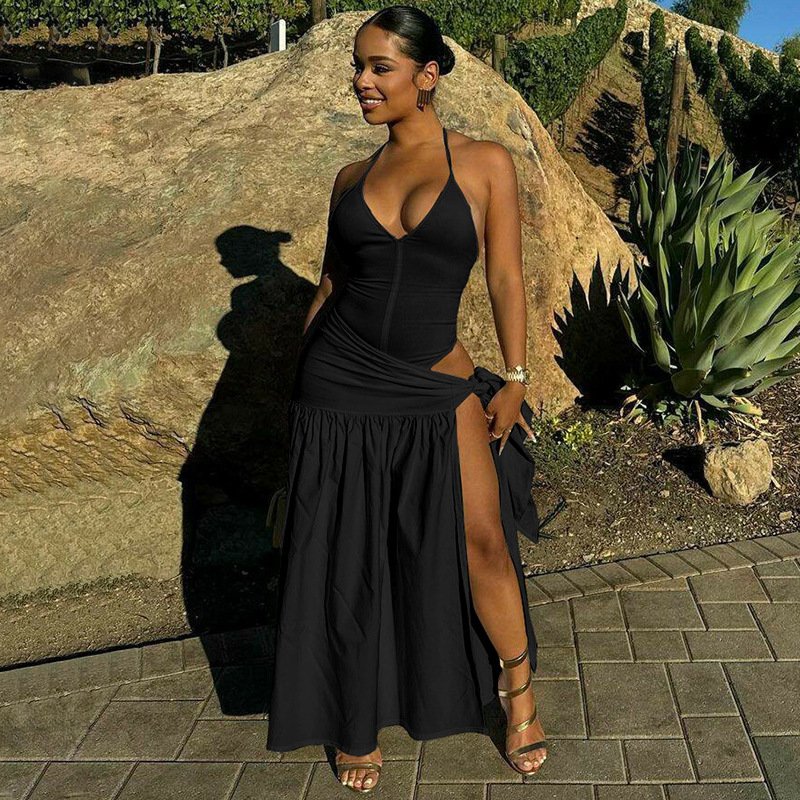 Fall Sexy Casual Sleeveless Bodysuit Shirt Tie Up Long Maxi Pleated Split Skirt 2 Piece Set Matching Women Two Piece Skirt Set
