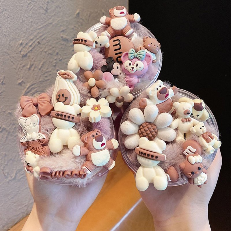 New Cute Fluffy Plush Scrunchie Set Thick Leather Fur Cartoon Bear Scrunchy Elastic Hair Ties Hair Bands For Women Girls