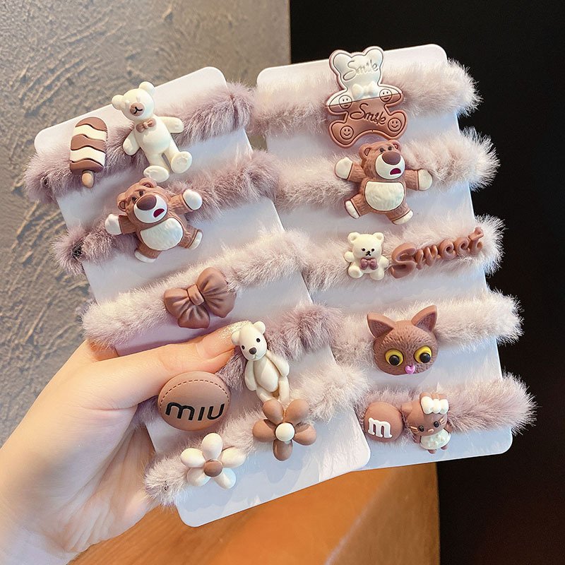 New Cute Fluffy Plush Scrunchie Set Thick Leather Fur Cartoon Bear Scrunchy Elastic Hair Ties Hair Bands For Women Girls