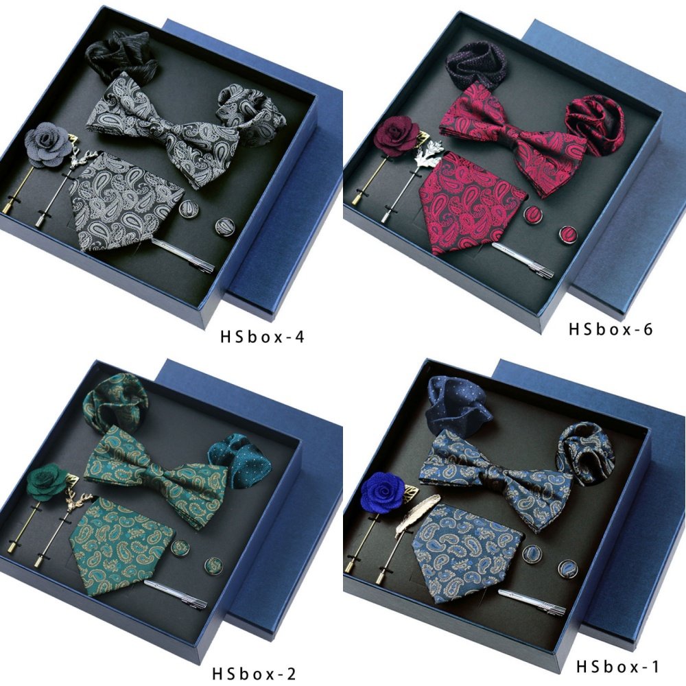 JINJIE ready to ship 8pcs gift box Men's Business Suit Accessories Wedding bow tie Square Men's tie cufflinks Tie clip set