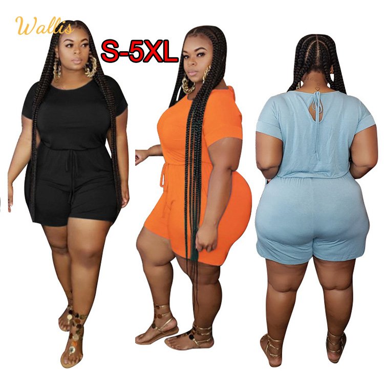 Print Short Rompers Fitness Lace Up Playsuits Short Sleeve O-Neck Sexy Night Club Party Big Lady Plus Size Women Jumpsuit
