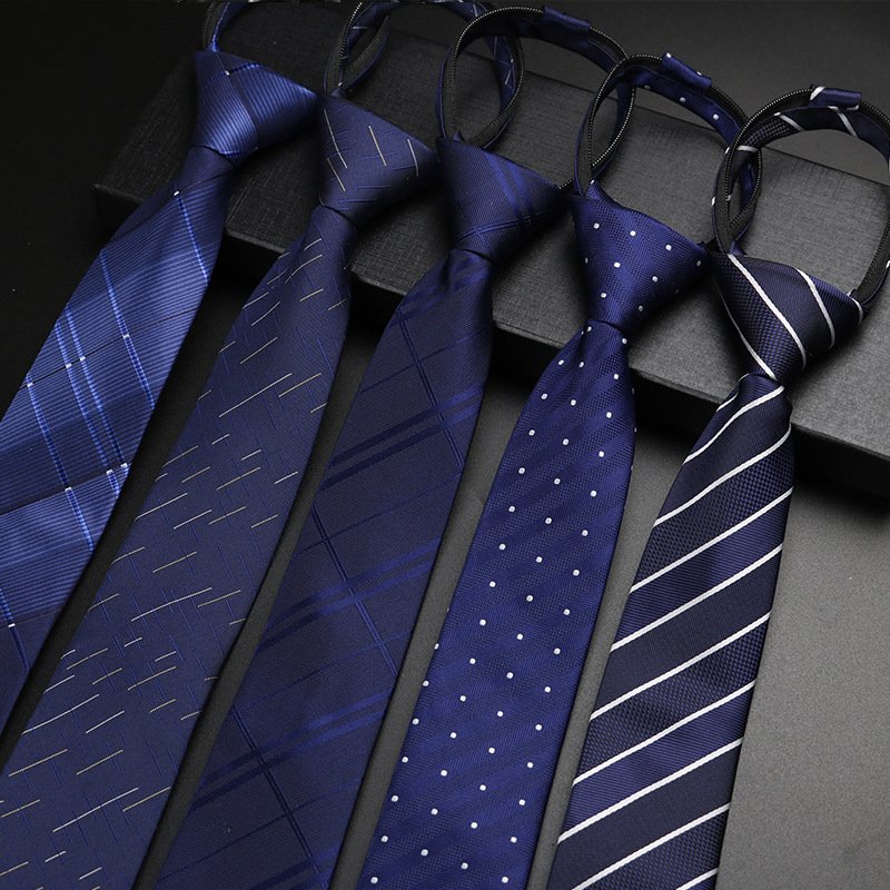 Custom logo slim necktie business men striped polka dot polyester silk zipper necktie tie accessories