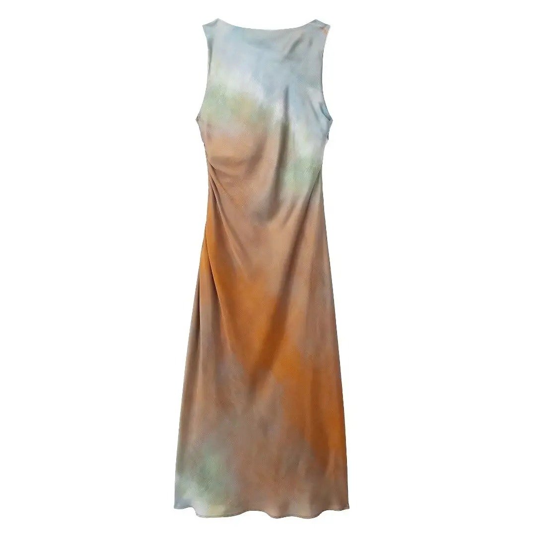 TRAFZA Female Chic Summer Satin Print Tie Dye Midi Dress Woman Fashion Evening Elegant Sleeveless Hem Folds Dresses Vestidos