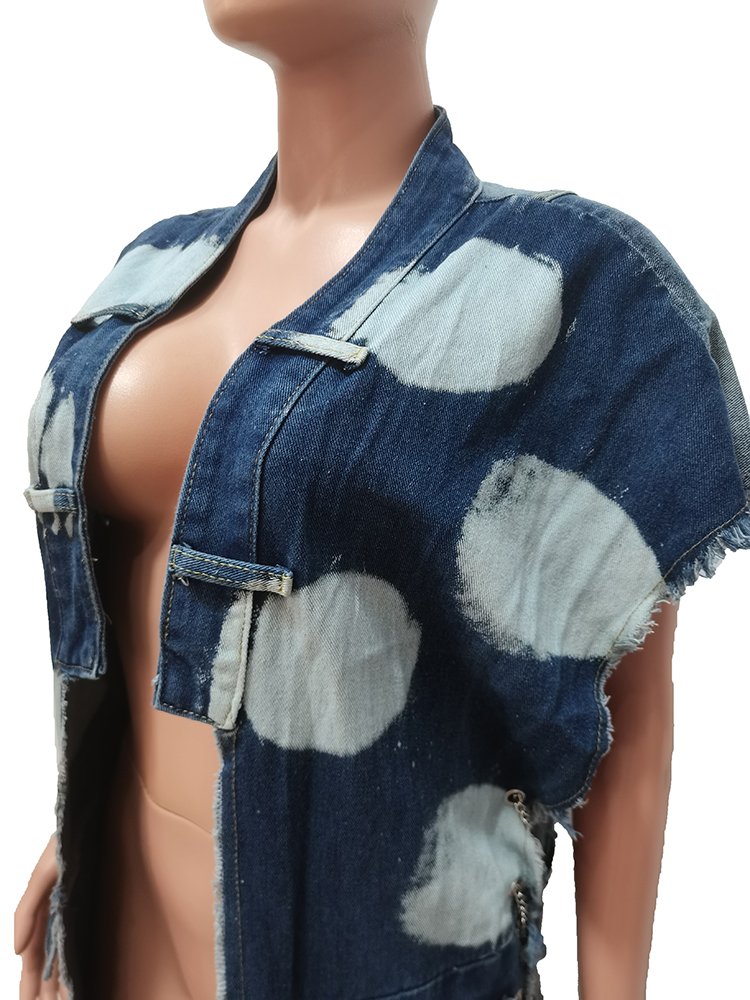 Pretty Girl Rock Swank Sleeveless Distressed Pattern Tie Dyle Denim Chain Vest Jacket