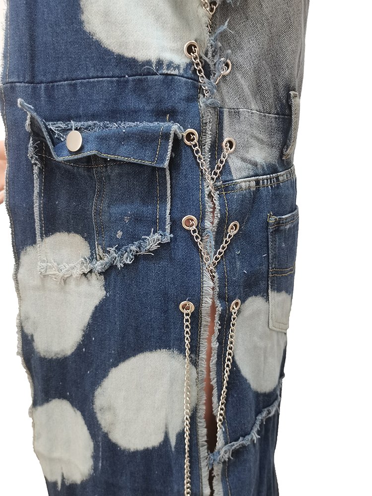 Pretty Girl Rock Swank Sleeveless Distressed Pattern Tie Dyle Denim Chain Vest Jacket