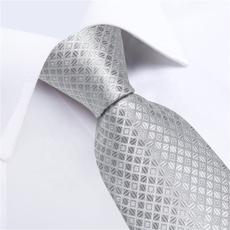 Wholesale Formal Mens Silk Ties Silver Grey Plaid Tie Handkerchief Cufflinks Set Wedding Party 3 PCS