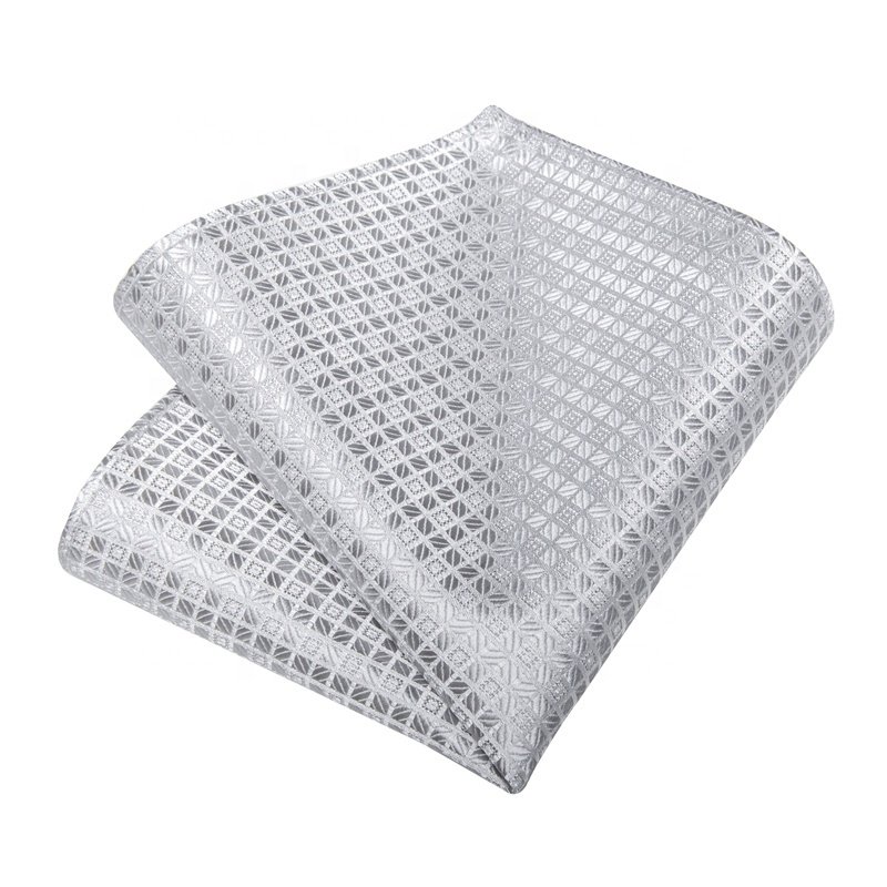 Wholesale Formal Mens Silk Ties Silver Grey Plaid Tie Handkerchief Cufflinks Set Wedding Party 3 PCS