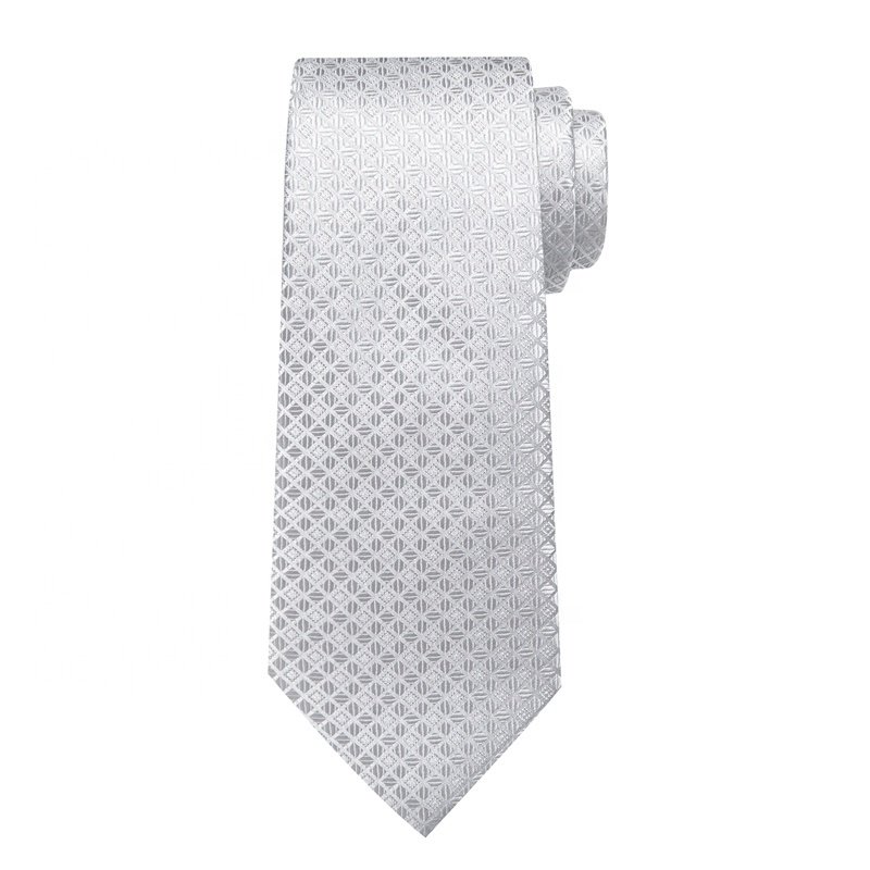 Wholesale Formal Mens Silk Ties Silver Grey Plaid Tie Handkerchief Cufflinks Set Wedding Party 3 PCS