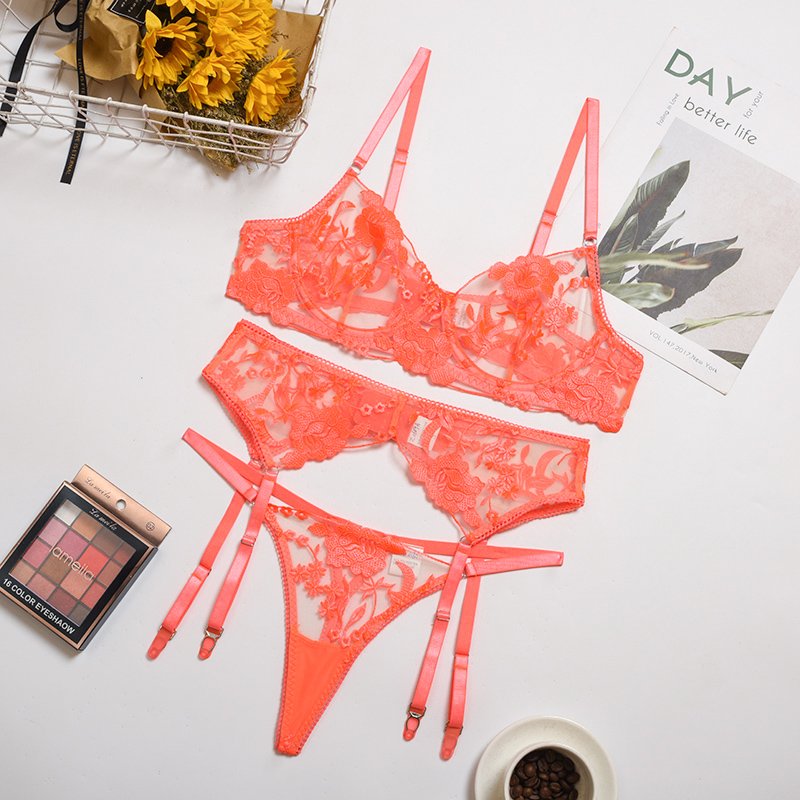 Bra and Panties Set Women Underwear Lace Lingerie 3pcs See Through Thong Floral Embroidery Underwear Transparent Bra Set #0537