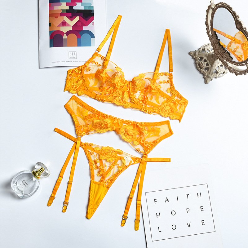 Bra and Panties Set Women Underwear Lace Lingerie 3pcs See Through Thong Floral Embroidery Underwear Transparent Bra Set #0537