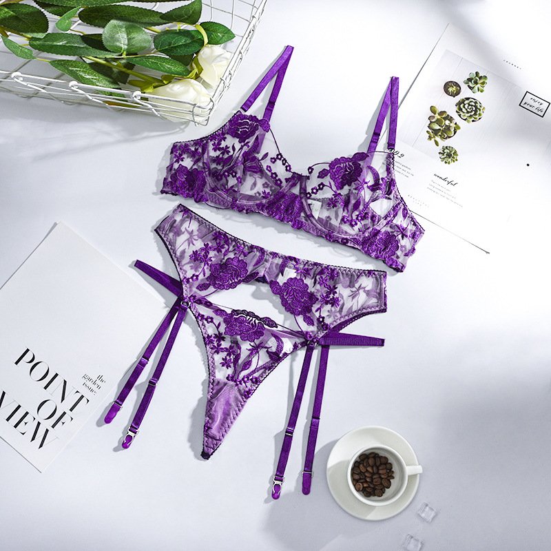 Bra and Panties Set Women Underwear Lace Lingerie 3pcs See Through Thong Floral Embroidery Underwear Transparent Bra Set #0537