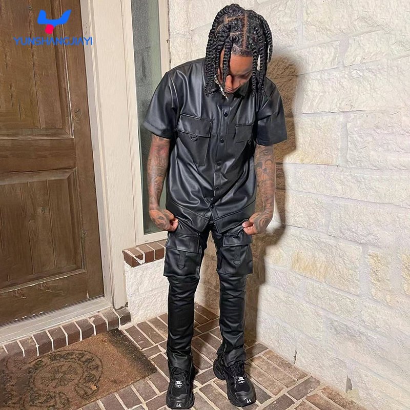 YSJY Pu Faux Leather Cargo Stacked Flare Pants Short Sleeve Shirt Sets Custom Embroidered Logo Men Leather Pants Top And Bottom