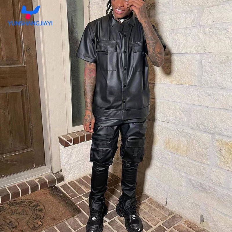 YSJY Pu Faux Leather Cargo Stacked Flare Pants Short Sleeve Shirt Sets Custom Embroidered Logo Men Leather Pants Top And Bottom
