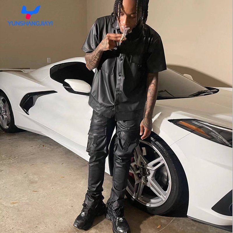 YSJY Pu Faux Leather Cargo Stacked Flare Pants Short Sleeve Shirt Sets Custom Embroidered Logo Men Leather Pants Top And Bottom