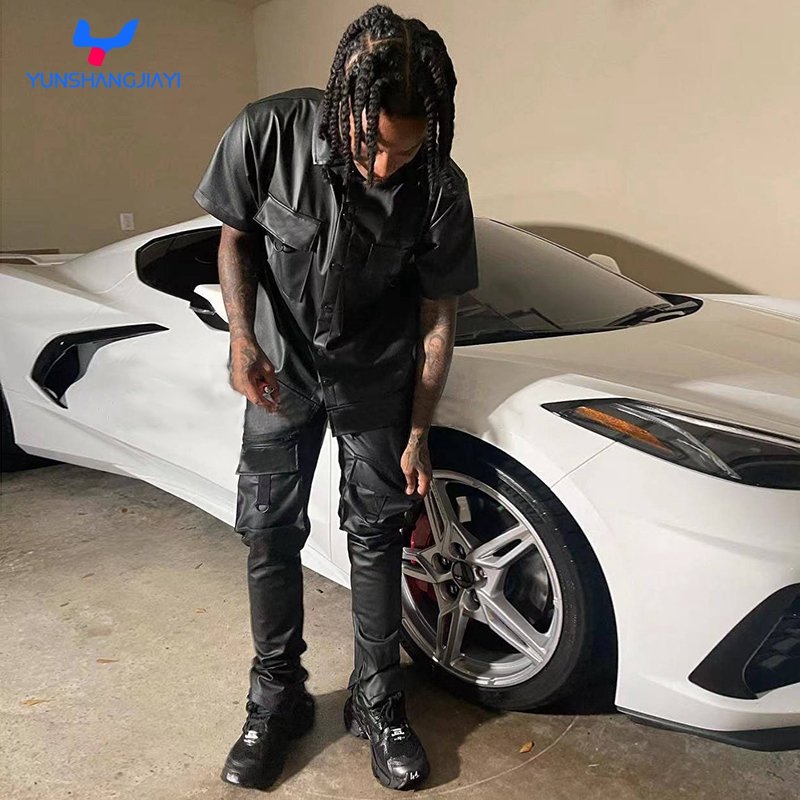 YSJY Pu Faux Leather Cargo Stacked Flare Pants Short Sleeve Shirt Sets Custom Embroidered Logo Men Leather Pants Top And Bottom