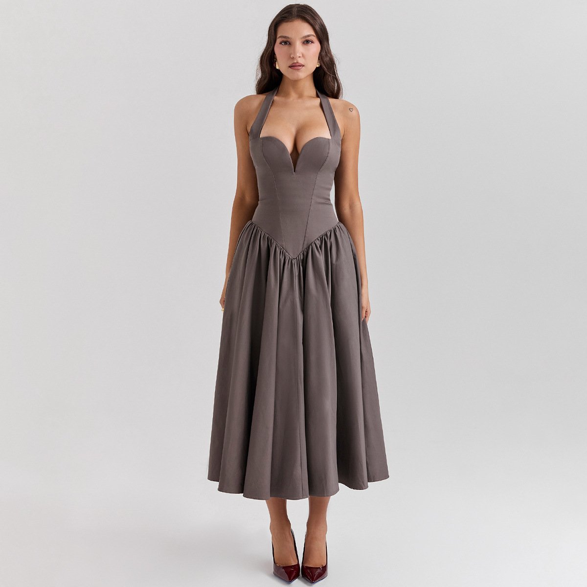 Luxury Summer Women Halter Dress 2024 Red Elegant Fit and Flare Birthday Dress Long Casual Sexy Dress Female Clothing 2958