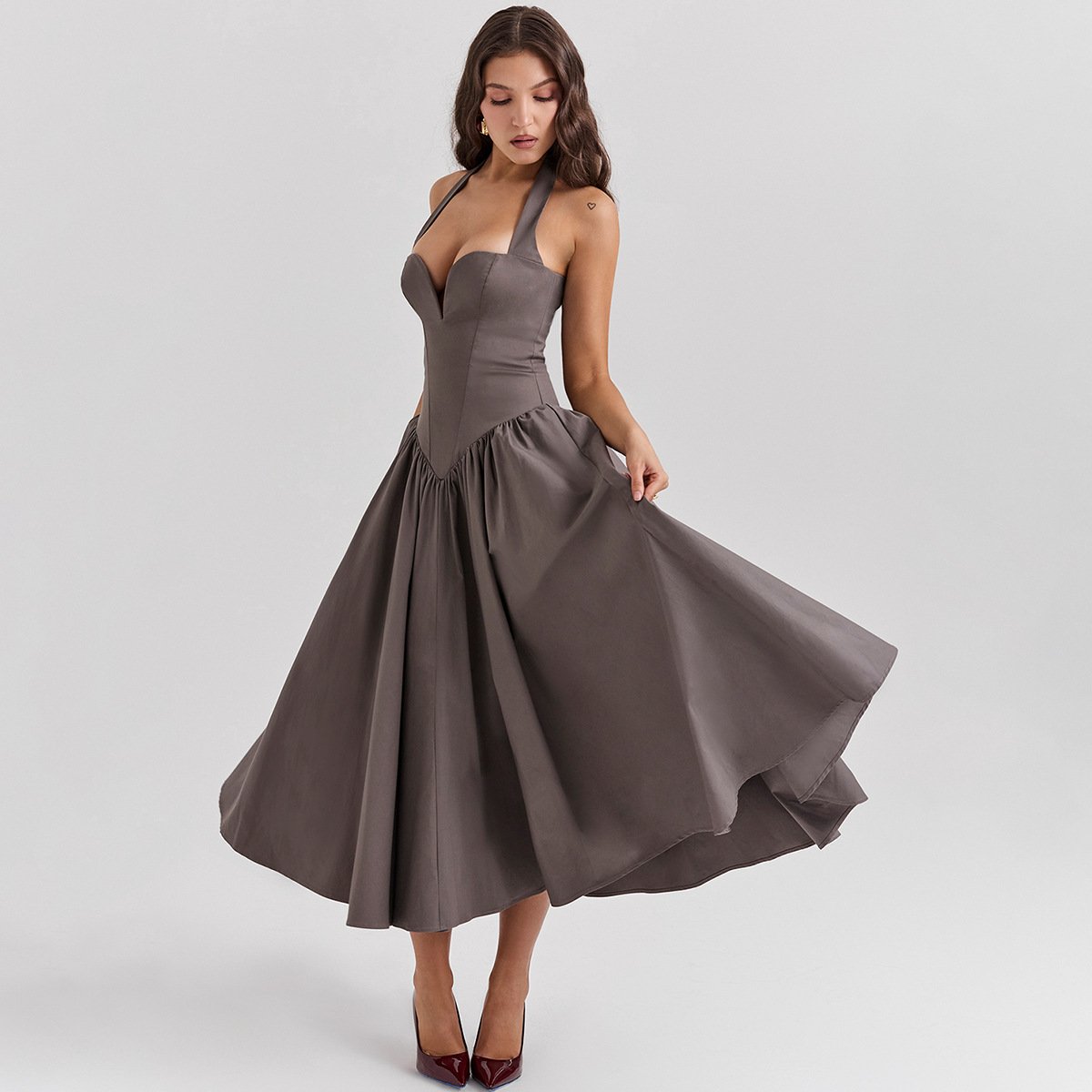 Luxury Summer Women Halter Dress 2024 Red Elegant Fit and Flare Birthday Dress Long Casual Sexy Dress Female Clothing 2958