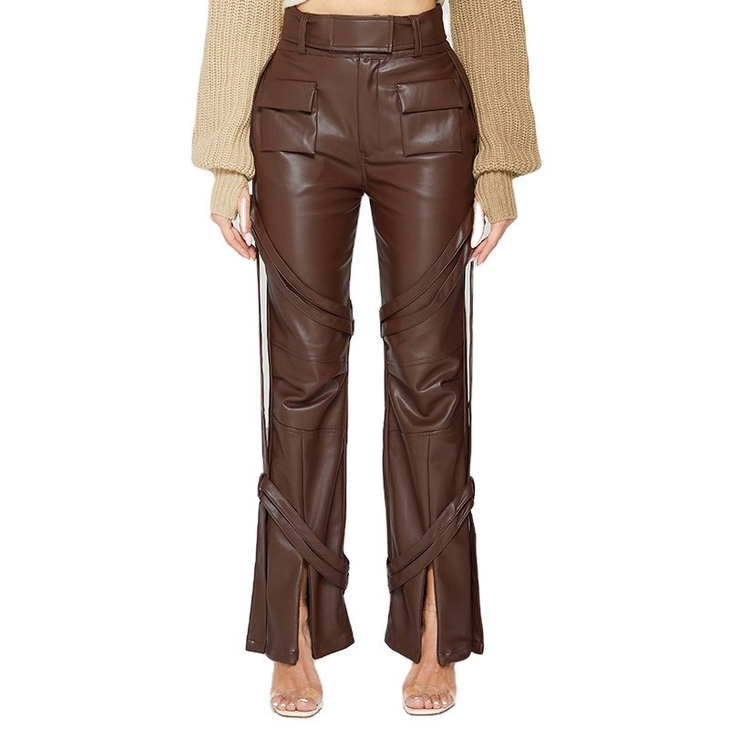 Women Custom High Waist Straight Leg Cargo Pockets Straps Invisible Zipper Hem Faux Vegan Leather Pants